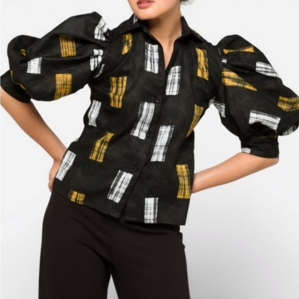 Busayo Tunji Statement Puff Sleeve Button Front Abstract Top Size Small NWT